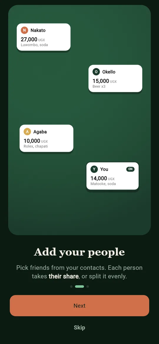 Add your people: a card per person with their share