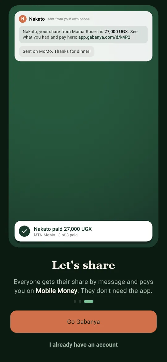 Let's share: the message with the link, and Nakato paid 27,000 UGX
