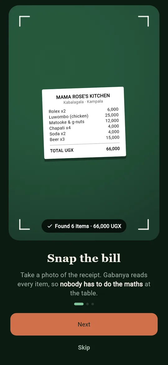 The app reading a receipt: Found 6 items, 66,000 UGX. Snap the bill.